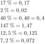\begin{align} & 17\ \% = 0,17 \\ & 2\ \% = 0,02 \\ & 40\ \% = 0,40 = 0,4 \\ & 147\ \% = 1,47 \\ & 12,5\ \% = 0,125 \\  & 7,2\ \% = 0,072 \\ \end{align}