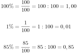 \begin{align}
100 \% & = \frac{100}{100} = 100 : 100 = 1,00 \\
& \\
1 \% & = \frac{1}{100} = 1 : 100 = 0,01 \\
& \\
85 \% & = \frac{85}{100} = 85 : 100 = 0,85
\end{align}