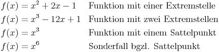 \begin{align}
f(x) & = x^2 + 2x - 1 && \text{Funktion mit einer Extremstelle} \\
f(x) & = x^3 - 12x + 1 && \text{Funktion mit zwei Extremstellen} \\
f(x) & = x^3 && \text{Funktion mit einem Sattelpunkt} \\
f(x) & = x^6 && \text{Sonderfall bgzl. Sattelpunkt} \\
\end{align}