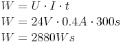 \begin{align} & W = U \cdot I \cdot t \\ & W = 24V \cdot 0.4A \cdot 300s \\ & W = 2880 Ws