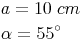 \begin{align} & a = 10\ cm \\ & \alpha = 55^\circ \\ \end{align}