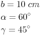 \begin{align} & b = 10\ cm \\ & \alpha = 60^\circ \\ & \gamma = 45^\circ \\ \end{align}