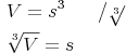 \begin{align} & V = s^3\qquad / \sqrt[3]{} \\ & \sqrt[3]{V} = s \\ \end{align}