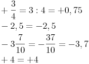 \begin{align} & +\frac{3}{4} = 3:4 = +0,75 \\ & -2,5 = -2,5 \\ & -3\frac{7}{10} = -\frac{37}{10} = -3,7 \\ & +4 = +4 \\ \end{align}