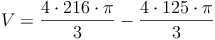 V = \frac{4 \cdot 216 \cdot \pi}{3} - \frac{4 \cdot 125 \cdot \pi}{3}