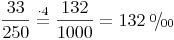 \newcommand{\promille}{%
\relax\ifmmode\promillezeichen
\else\leavevmode\(\mathsurround=0pt\promillezeichen\)\fi}
\newcommand{\promillezeichen}{%
\kern-.05em%
\raise.5ex\hbox{\the\scriptfont0 0}%
\kern-.15em/\kern-.15em%
\lower.25ex\hbox{\the\scriptfont0 00}} \frac{33}{250} \stackrel{\mathrm{\cdot 4}}= \frac{132}{1000} = 132\ \promille 