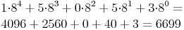 \begin{align}
 & 1{\cdot}8^4+5{\cdot}8^3+0{\cdot}8^2+5{\cdot}8^1+3{\cdot}8^0= \\
 & 4096+2560+0+40+3=6699 \\
\end{align}