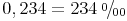 \newcommand{\promille}{%
\relax\ifmmode\promillezeichen
\else\leavevmode\(\mathsurround=0pt\promillezeichen\)\fi}
\newcommand{\promillezeichen}{%
\kern-.05em%
\raise.5ex\hbox{\the\scriptfont0 0}%
\kern-.15em/\kern-.15em%
\lower.25ex\hbox{\the\scriptfont0 00}}0,234 = 234\ \promille 