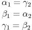 \begin{align}
& \alpha_1 = \gamma_2 \\
& \beta_1 = \alpha_2 \\
& \gamma_1 = \beta_2 
\end{align}