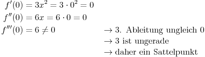 \begin{align}
f'(0) & = 3x^2 = 3 \cdot 0^2 = 0 \\
f''(0) & = 6x = 6 \cdot 0 = 0 \\
f'''(0) & = 6 \neq 0 && \rightarrow \text{3. Ableitung ungleich 0} \\
& && \rightarrow \text{3 ist ungerade} \\
& && \rightarrow \text{daher ein Sattelpunkt} \\
\end{align}