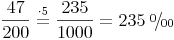 \newcommand{\promille}{%
\relax\ifmmode\promillezeichen
\else\leavevmode\(\mathsurround=0pt\promillezeichen\)\fi}
\newcommand{\promillezeichen}{%
\kern-.05em%
\raise.5ex\hbox{\the\scriptfont0 0}%
\kern-.15em/\kern-.15em%
\lower.25ex\hbox{\the\scriptfont0 00}} \frac{47}{200} \stackrel{\mathrm{\cdot 5}}= \frac{235}{1000} = 235\ \promille 