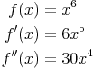 \begin{align}
f(x) & = x^6 \\
f'(x) & = 6x^5 \\
f''(x) & = 30x^4 \\
\end{align}