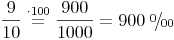 \newcommand{\promille}{%
\relax\ifmmode\promillezeichen
\else\leavevmode\(\mathsurround=0pt\promillezeichen\)\fi}
\newcommand{\promillezeichen}{%
\kern-.05em%
\raise.5ex\hbox{\the\scriptfont0 0}%
\kern-.15em/\kern-.15em%
\lower.25ex\hbox{\the\scriptfont0 00}}\frac{9}{10} \stackrel{\mathrm{\cdot 100}}= \frac{900}{1000} = 900\ \promille