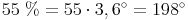 55\ \% = 55 \cdot 3,6^\circ = 198^\circ